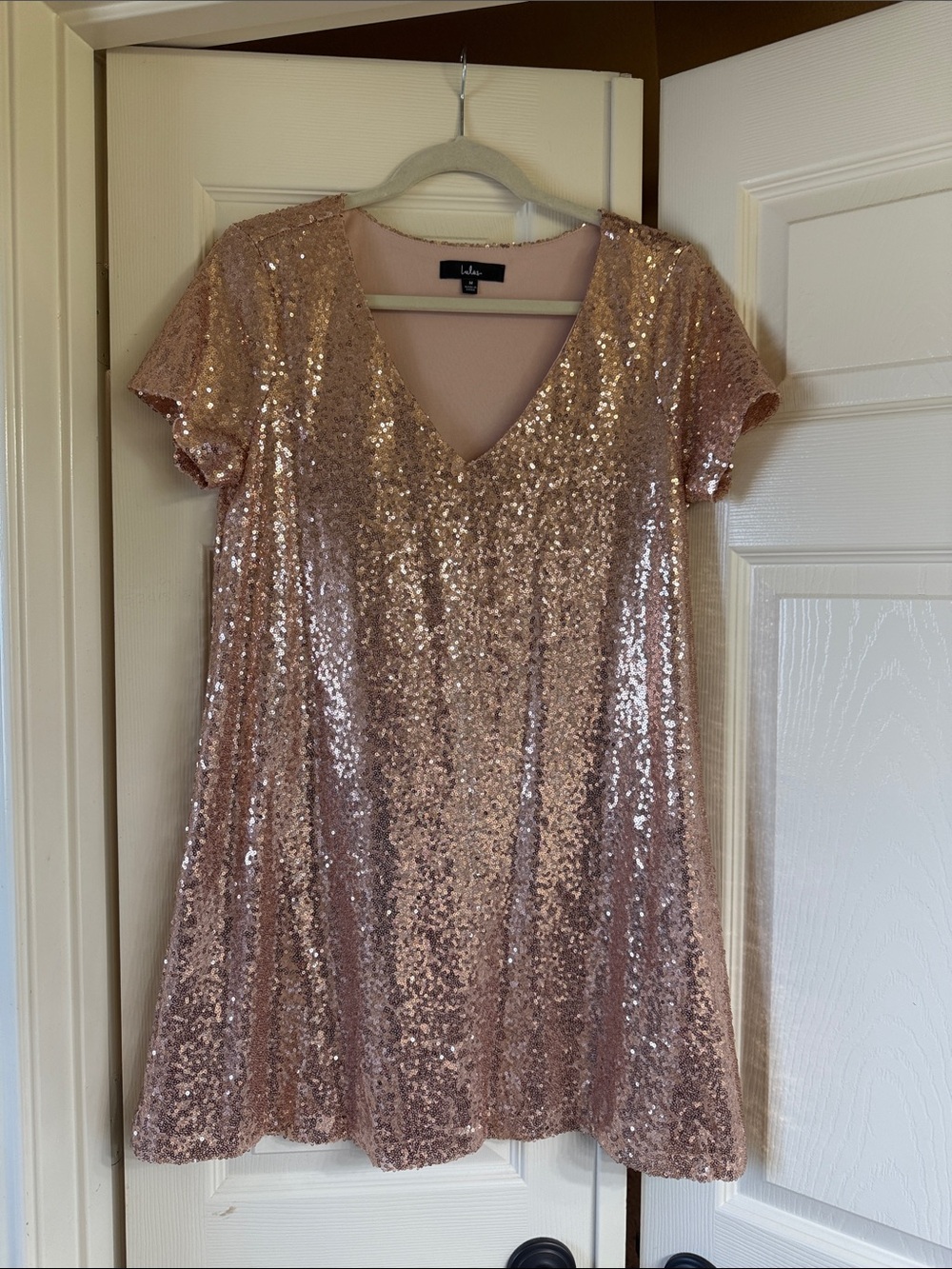 Lulu's Rose Gold Sequin V-Neck Mini Dress